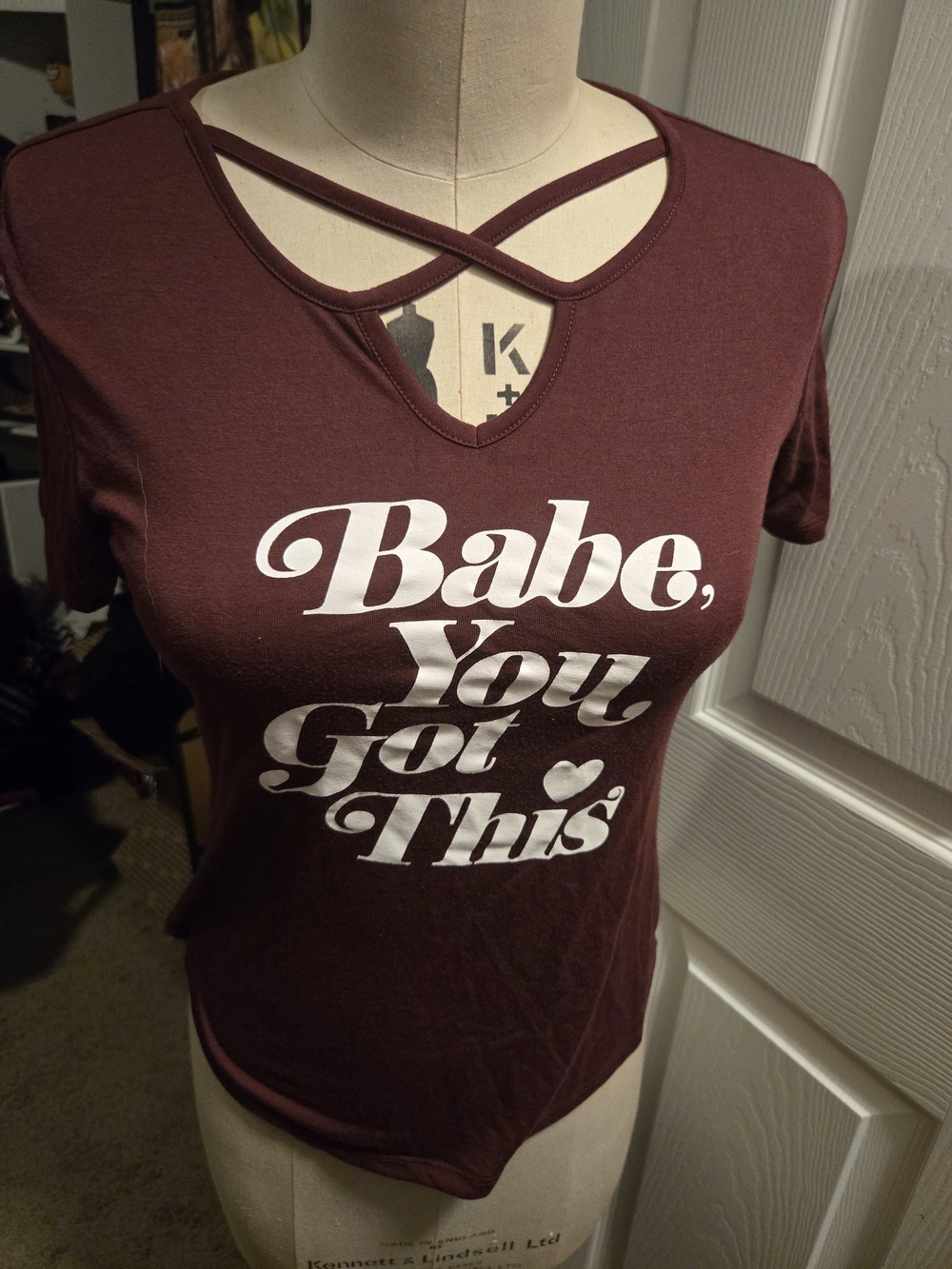 Crisscross V-Neck Tee in Burgundy with White Script - Babe, You Got This